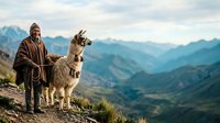 Young adult male, Caucasian ethnicity, wearing traditional brown poncho, standing with llama on mountain ridge overlooking vast valley landscape. Suitable for travel, adventure, cultural tourism, and lifestyle content.