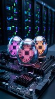 Neon glowing CPU chips with circuit board patterns in pink, purple, and orange on computer motherboard with server lights blurred in background for technology and computing concepts.