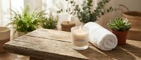 Spa wellness setup with burning candle, rolled white towel and green plants on rustic wooden table creating peaceful relaxation atmosphere for massage therapy.