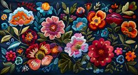 Vibrant folk art floral composition with colorful blooms in orange, pink, red and blue against dark background, featuring stylized botanical elements and decorative leaves.