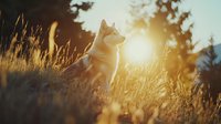 Majestic Siberian Husky dog sitting in tall golden grass during sunset, warm sunlight creating magical atmosphere through wild meadow grass and forest silhouettes in background.