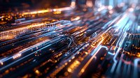 Abstract digital light trails creating futuristic technology landscape with blue and orange glowing lines, representing data flow and connectivity in modern network infrastructure.