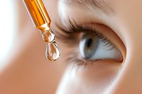 Close-up of eye drops falling from amber glass dropper near blue eye with long eyelashes, medical treatment and eye care concept on blurred background.