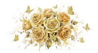 Golden roses bouquet with watercolor splashes and butterflies on white background for wedding invitations and romantic designs.