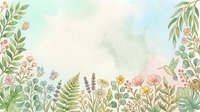 Soft watercolor floral border with green leaves, wildflowers, ferns, butterflies, and hummingbird on pastel background with copy space.