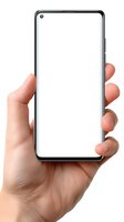 Hand holding modern smartphone with blank white screen isolated on white background for app presentation and mobile technology mockup design.