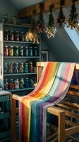 Cozy craft room with rainbow striped textile on wooden loom, dried herbs hanging from ceiling beam, glass jars filled with colorful supplies on shelves.