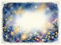 Festive night sky frame with golden fireworks, sparkling stars, and ornate decorative border on dark blue background. Isolated design element suitable for invitations, greeting cards, posters, and digital projects.