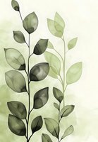 Delicate watercolor eucalyptus leaves in olive green tones on light background, creating ethereal botanical art suitable for modern home decor and stationery design.