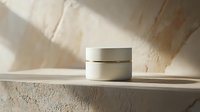 White cosmetic jar on concrete shelf with natural sunlight and shadow play creating minimal aesthetic composition for beauty product photography.