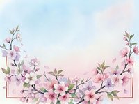 Watercolor cherry blossom branches with pink and purple flowers on soft pastel background for spring wedding invitations and feminine designs.