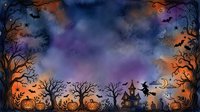 Halloween watercolor background with spooky silhouettes, flying witch, haunted house, bare trees, pumpkins and bats creating magical autumn atmosphere.