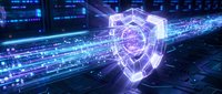 Digital cybersecurity shield protecting data streams in futuristic network environment with glowing blue light effects for technology presentations.