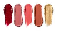 Colorful lipstick swatches in red pink coral and gold tones isolated on white background for beauty cosmetics makeup and fashion design projects.