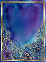 Luxurious watercolor background with ornate gold filigree borders, purple roses, and swirling botanical elements. Perfect for wedding invitations, greeting cards, and elegant design projects.
