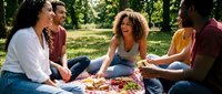 Diverse group of young adults enjoying picnic in sunny park with food and drinks on blanket during summer day outdoors.