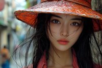 Young Asian woman wearing traditional orange woven hat with long black hair blowing in breeze, coral lipstick, and intense gaze against blurred urban background.