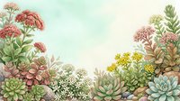 Watercolor succulent garden border with colorful plants and flowers creating decorative frame on soft pastel background for botanical design projects.