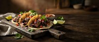 Gourmet street tacos with seasoned meat, fresh cilantro, onions, and lime wedges served on rustic wooden board for restaurant, food blog, and culinary content.