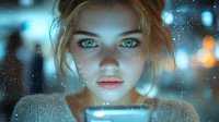 Young woman illuminated by blue light from mobile device screen, with magical glowing particles and bokeh effects creating ethereal atmosphere.