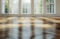 Sunlight streaming through white framed windows creates dramatic shadows on polished hardwood flooring in empty room, showcasing natural light patterns and interior design.