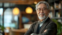 Senior Asian man with gray hair and beard wearing glasses and cardigan smiles confidently in modern office setting with warm lighting and blurred background. Professional business portrait.