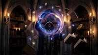 Mystical library with floating books and glowing portal eye in gothic stone chamber with ancient bookshelves and magical energy swirls for fantasy designs.