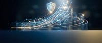 Digital security shield protecting data flow with glowing network connections and cybersecurity technology on dark background for business protection.