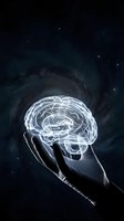 Glowing brain hologram floating above open palm against starry galaxy background representing artificial intelligence and cosmic consciousness.