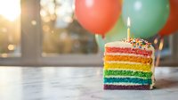 Colorful rainbow layer cake slice with lit candle and sprinkles on wooden table with balloons and bokeh lights for birthday celebration party.