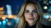 Young blonde woman with blue eyes smiling at night, urban bokeh lights in background creating magical atmosphere. Natural beauty portrait with soft evening illumination.