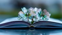 Delicate alstroemeria flowers with water droplets resting on open book pages, creating romantic literary atmosphere for education and nature concepts.