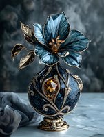 Ornate antique vase with blue flower and golden accents on marble surface. Luxury decorative art piece with intricate metalwork and gemstone details.