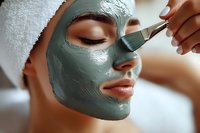 Young woman with white towel receiving green clay facial mask application at spa salon, closeup view of skincare beauty treatment procedure.
