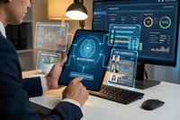 Professional businessman using digital tablet with AI recruitment interface displaying candidate profiles and skill assessment dashboard on laptop screen.