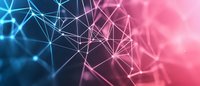 Abstract digital network with glowing blue and pink gradient connections forming geometric pattern, representing technology and data visualization for business presentations.