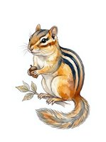 Cute chipmunk with striped tail holding seeds on branch, isolated on white background. Perfect for children's books, educational materials, wildlife designs, and nature-themed projects.