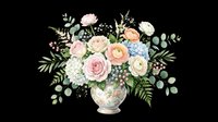 Floral arrangement with pink, peach, and cream roses, blue hydrangeas, and eucalyptus greenery in a silver vase, isolated on transparent background. Ready for t-shirts, stickers, clipart, and print-on-demand designs.