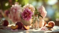 Delicate pink peonies in small glass bottle with fresh plums on sunlit table, creating romantic still life composition for home decor or greeting cards.