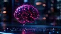 Glowing purple brain with neural connections floating over reflective surface against dark background with bokeh lights, representing artificial intelligence.