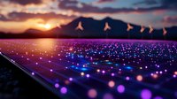 Glowing purple and blue lights illuminate solar panel array at sunset with mountain silhouettes and dramatic orange sky, creating futuristic renewable energy landscape.