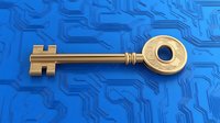 Golden vintage key on blue circuit board pattern background representing digital security and cryptocurrency access concepts for business technology.