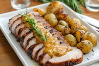 Sliced roasted pork tenderloin with herb-seasoned baby potatoes on white plate, garnished with fresh rosemary sprig, close-up view of juicy meat dinner.