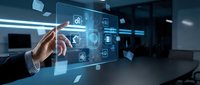 Businessman hand touching digital interface with holographic icons and data visualization on transparent screen in modern office environment.