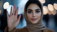 Young woman in hijab waving hello with welcoming smile against blurred bokeh background, representing diversity, inclusion and friendly greeting in modern society.