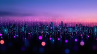 Futuristic city skyline silhouette with glowing lights and bokeh effects against purple and pink sunset sky, creating magical urban nightscape atmosphere.