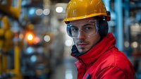 Industrial worker wearing protective yellow hard hat, safety glasses and red jacket in manufacturing facility with blurred machinery background. Workplace safety concept.