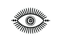 Mystical eye symbol with radiating lines and decorative dots in black and white minimalist style, isolated on white background for spiritual and esoteric designs.