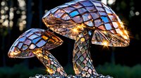 Glowing mosaic mushrooms with iridescent glass tiles and warm LED lights create magical garden decor against dark background. Fantasy outdoor illumination.