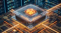 Futuristic CPU processor chip with glowing orange core on circuit board with light trails representing high-speed data processing and advanced computing technology.